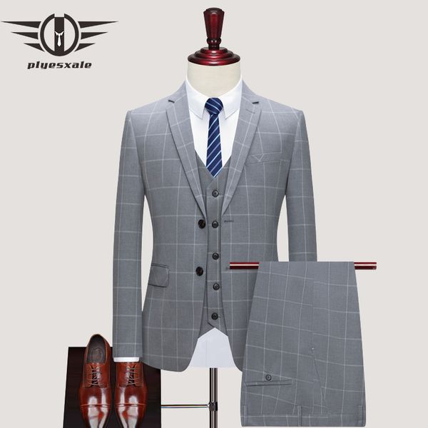 

plyesxale 2020 new arrival black grey plaid suit men elegant 3 piece tuxedo groom suits for men wedding dress formal suit q957, White;black