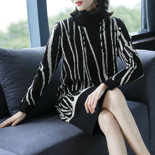 

autumn ladies turtleneck cashmere sweater dresswinter elegant female fashion striped wool sweater long dress pullovers, White;black