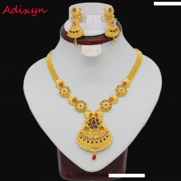 

adixyn fancy color necklace&earrings jewelry set for women gold color crystal jewelry african ethiopian india wedding gifts, Slivery;golden