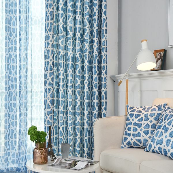 

the new printed silk flannel semi-shading blue polygonal curtain is simple and modern style curtains for living room and bedroom