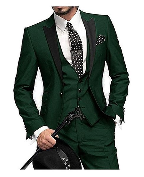 New Popular One Button Dark Green Groom Tuxedos Peak Lapel Men Wedding Party Groomsmen 3 pieces Suits (Jacket+Pants+Vest+Tie) K76