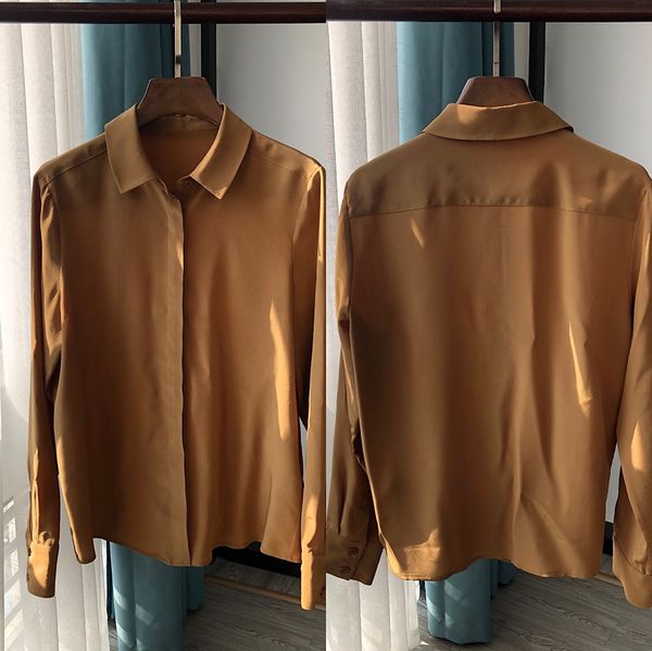 

women 100% silk long sleeve caramel solid color blouse shirt top, White