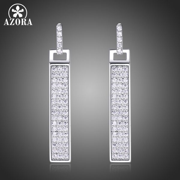 

azora white gold rectangle full paved natural clear cubic zirconia wedding party fine jewelry women long dangle earrings te0328, Silver