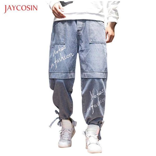 

jaycosin men's casual jeans pants loose elastic waist big pocket trousers binding feet pencil jeans pants fashion letter print, Blue