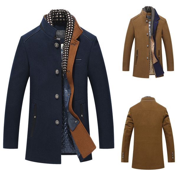 

new trench coat men winter casual wool trench coat fashion business long thicken slim overcoat jacket, Tan;black