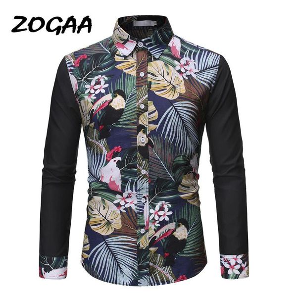

zogaa 2020 fashion men's fashion print shirt birds floral shirt beach resort slim party, White;black