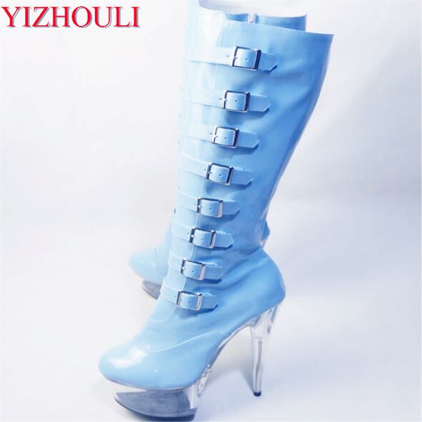 

15cm ultra high heels knee-high boots punk hasp shoes side zipper round toe boots 6 inch fashion gothic high gladiator, Black