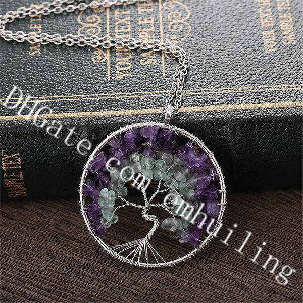 10 Pz Sacro Charisma Rotondo Famiglia Albero della Vita Viola Ametista Verde Fluorite Pietra Perline Chip Collana Stratificazione Meraviglioso Regalo Festa della Mamma