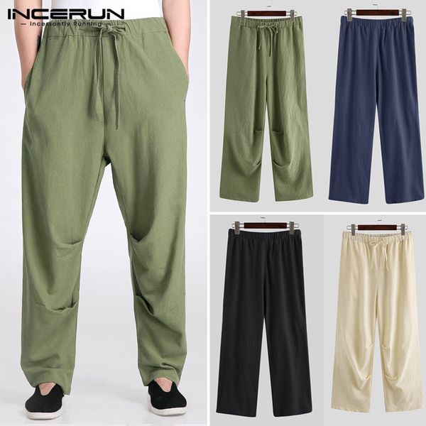 

2020summer men retro pants cotton linen streetwear joggers men solid color drawstring straight trousers casual long pants s-5xl, Black