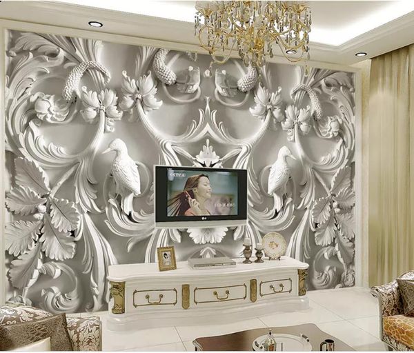 

classic white simple european embossed 3d stereo tv background wall painting