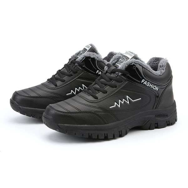 

men's cotton shoes and plush walking shoes leather waterproof casual, Black
