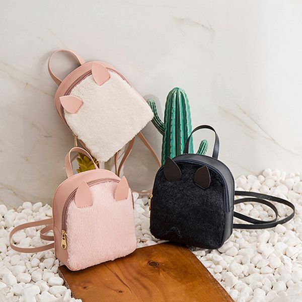 

korean version cute women backpacks plush backpacks 3d ear small pu leather shoulder backpack mini rucksack
