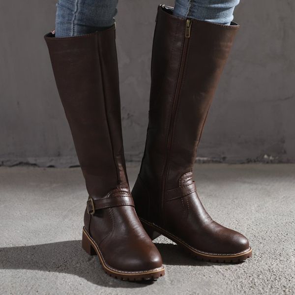 

houlife vintage pu leather heel zipper knee women boots side buckle warm winter round toe shoes british style thigh high boots, Black