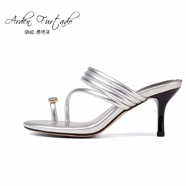 

2017 summer slides crystal flip flops genuine leather high heels narrow band shoes sandals for woman home slippers gold silver, Black