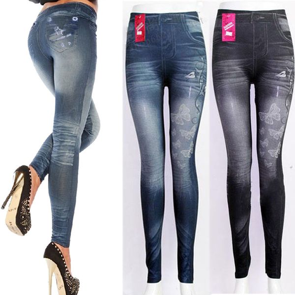 

women printed fake jeans leggings autumn denim pants skinny faux jeans trousers stretch skinny leggings pencil pants, Blue