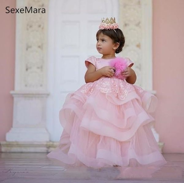 

pink puffy baby girl birthday party dress with cap sleeve tiered tulle lace ball gown infant toddler dress, Red;yellow