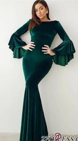 

2019 new fashion velvet dark green evening dresses formal flare long sleeves mermaid arabic celebrity gowns prom dresses bc0524, Black;red