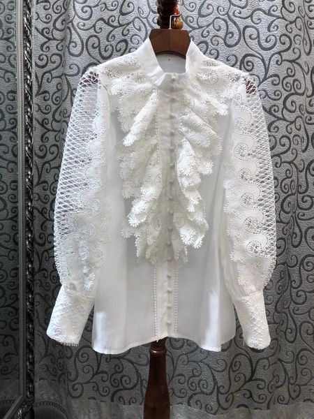 

customized european 2019 new women embroidery blouse hollow water soluble flower lotus edge multi-button shirt, White