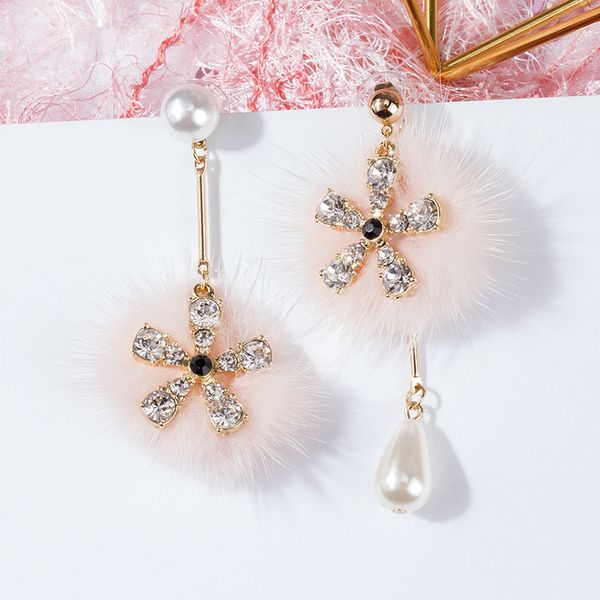 

europe and the united states new mink wool ball earrings women's long asymmetric flower earrings korean version of exaggerated, Silver
