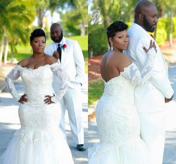 

2020 plus size wedding dresses mermaid long sleeve backless lace off shoulder tulle sheer african bride gowns, White