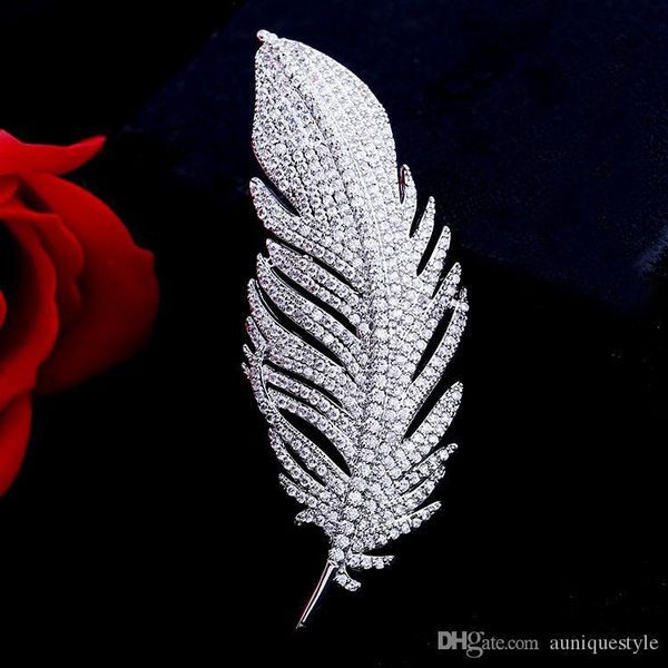 

feather brooch pins for ladies bling white gold cubic zircon micro paved elegant leaf brooch pin for women christmas gift bridal jewelry, Gray