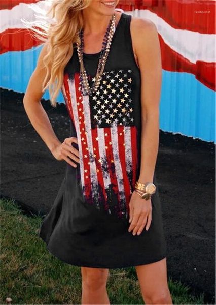 

print womens crew neck dress loose ladies casual dress usa flags womens dress designer sleeveless contrast color striped, Black;gray