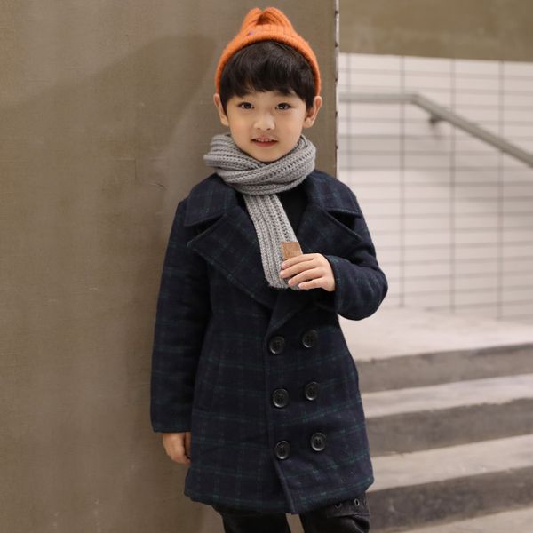 

boys wool coat woolen overcoat kids clothes winter plaid thicken casual woollen children outerwear trench jackets 6-17 years old, Blue;gray