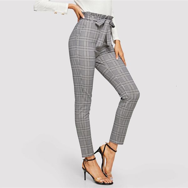 

designer sweatpants pants women grey paperbag waist plaid cigarette pants belted high waist pencil spring casual office lady workwear, Black;white