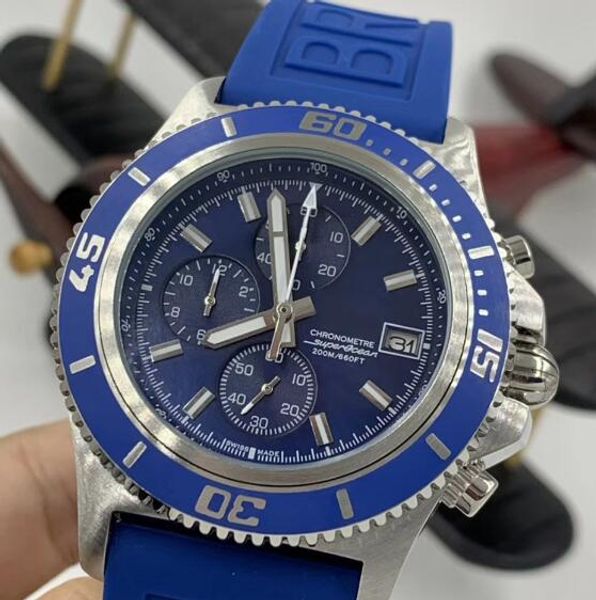 

light and soft rubber band super-ocean 46mm luminous hands legible blue dial mens watches chronometer quartz diver watch 660ft wristwatches, Slivery;brown