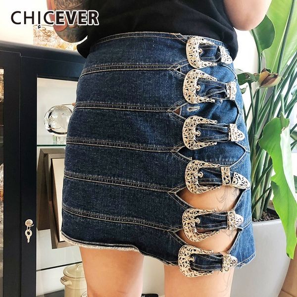 

chicever summer streetwear hollow out blue denim women skirt high waist patchwork button mini straight female skirts 2019 tide, Black