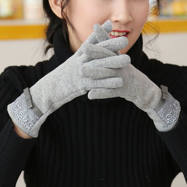 

women' winter new non-falling fashion touch screen gloves lace bow plus velvet warm gloves solid color casual for girls, Blue;gray
