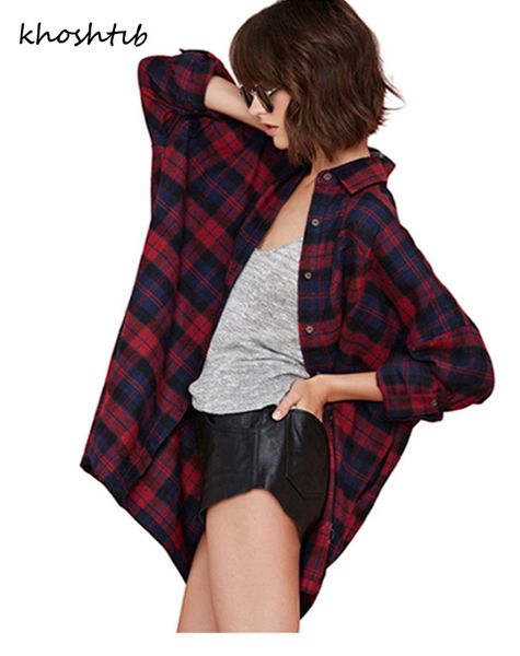 

khoshtib women's shirt blouse spring autumn long checkered single-breasted lapel long-sleeved loose shirt blouse fashion top, White