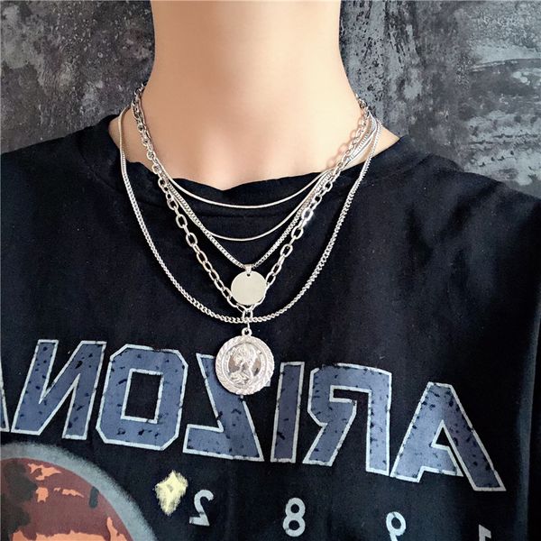 

5pcs/set fashion personality hip hop jewelry long multi layer chunky portrait necklace metal clavicle chain female holiday gift, Silver