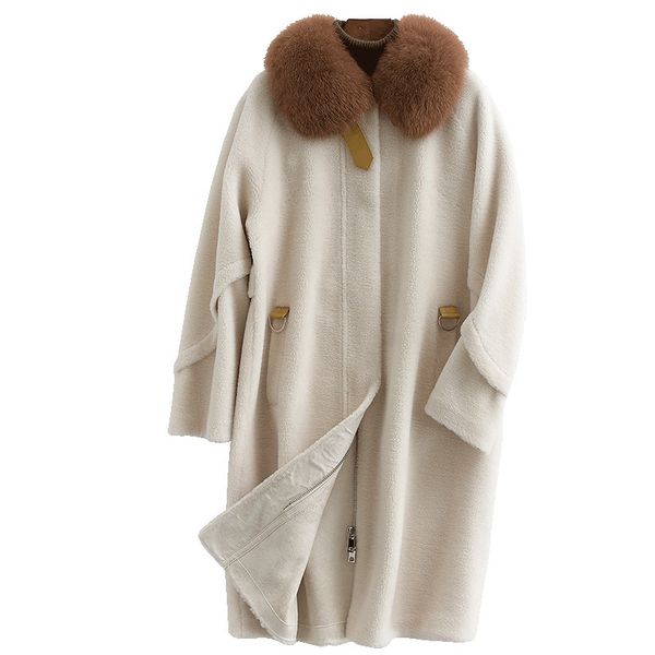 

real fur coat fox fur collar 100% wool jacket autumn winter coat women clothes 2020 korean vintage sheep shearling zt3627, Black
