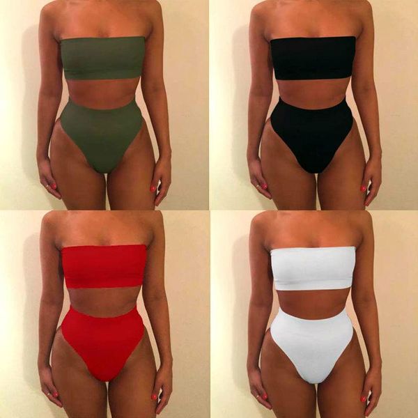 

new solid high waist bikini bandeau women plus size swimwear biquinis feminino swim suit bathing beach wear funny, White;black