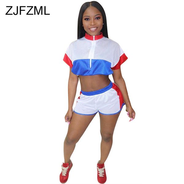 

contrast color mesh two piece set tracksuit for women stand collar short sleeve crop +skinny shorts 2 piece club outfit, White