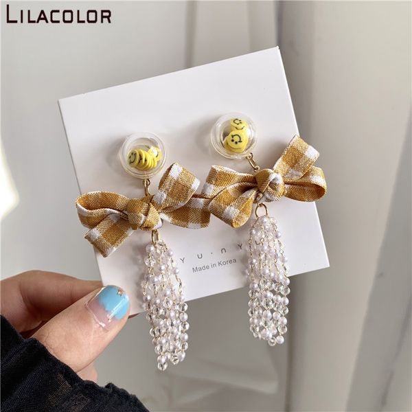 

lilacolor s925 silver pins bow tassel crystal women long drop earrings smiling face s925 silver pins dangle earring party gifts