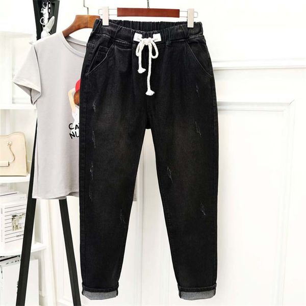

women's jeans black women high waisted denim harem pants lace up plus size 5xl mom casual streetwear boyfriend femme q1337, Blue