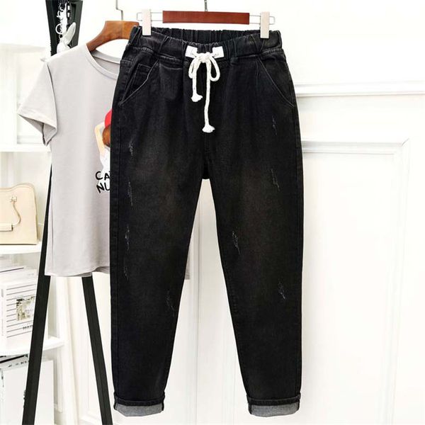 

black jeans women high waisted denim harem pants lace up plus size 5xl mom jeans casual streetwear boyfriend femme q1337, Blue