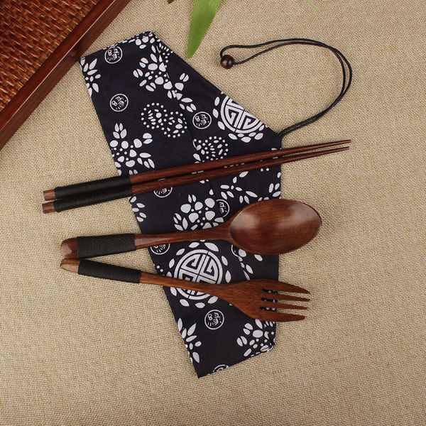 Японский стиль Портативный набор посуды Деревянные палочки для еды Ложка-вилка с тканевой сумкой Tie Line Набор столовых приборов WB387