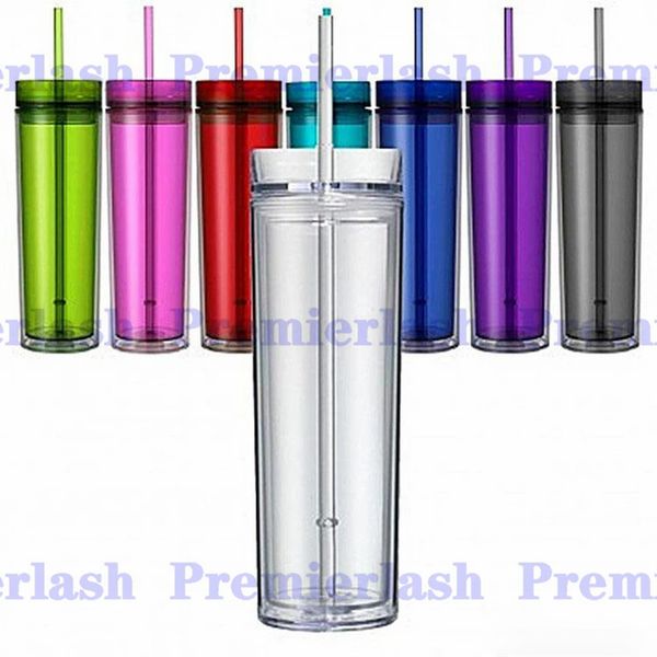 

16oz 7colors 480ml clear skinny tumblers with lid and reusable straw portable outdoor travel mugs cups double wall