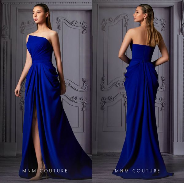 

blue elegant a line evening dresses strapless sleeveless high-split ruffles satin prom dress floor length formal occasion gowns cheap, Black;red