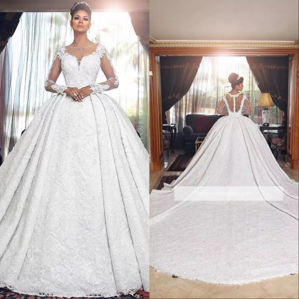 

african ball gown wedding dresses sheer neck crystals beads sequins plus size lace appliques buttons long sleeves bridal gowns, White