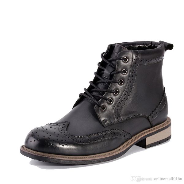 

new genuine leather men shoes spring autumn men boots fashion carved male lace-up shoes high-cut men casual shoes, Black