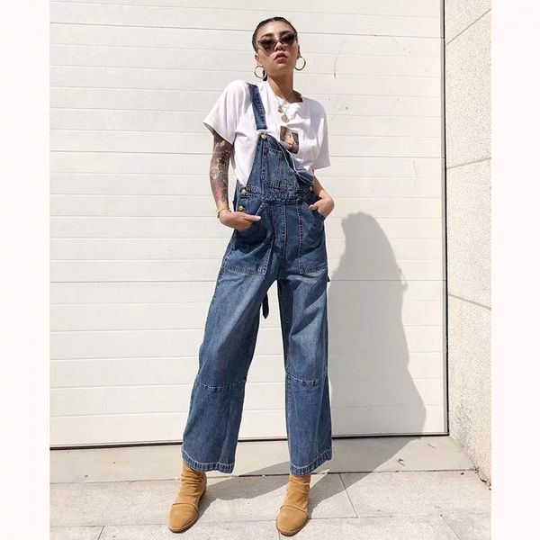 

jeans bib pants women's wide legs fashion pants casual loose pocket casual bib women's clothes trousers 282, Blue
