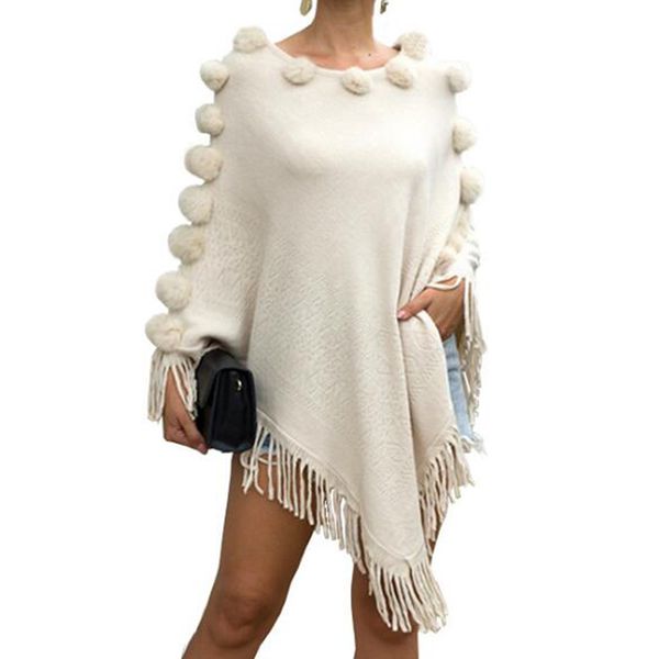 

autumn winter women sweaters and pullovers hair ball round neck style tassel casual sweater shawl cloak knitted shirt s236, Black