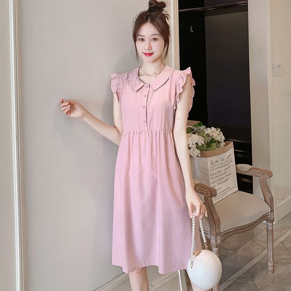 

718# sweet korean fashion pink maternity dress sleeveless tank ties waist slim clothes for pregnant women summer pregnancy wear, White