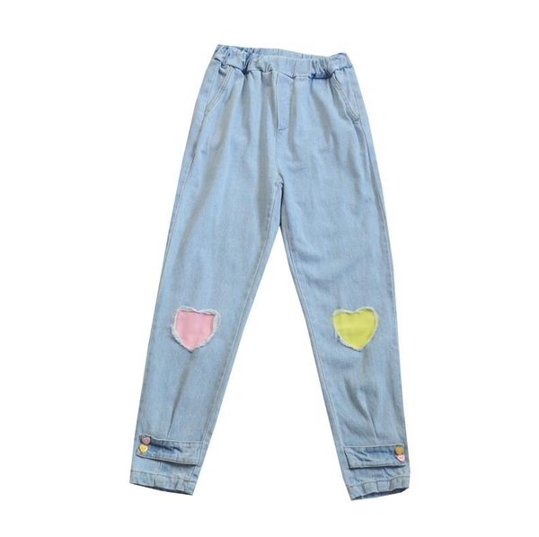 

summer new kawaii love heart trousers elastic waist denim pants, Blue