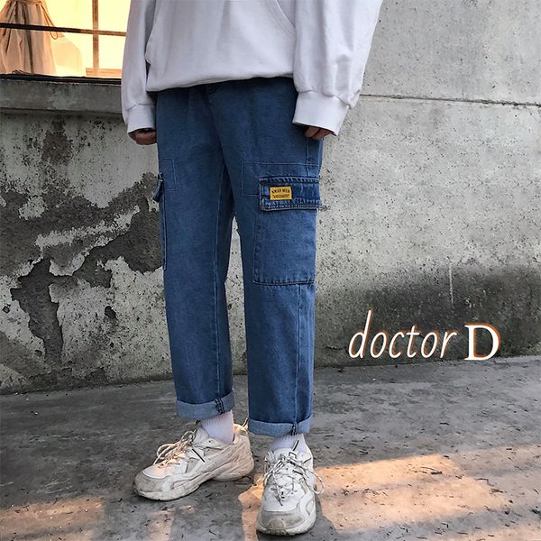 

2019 spring fashion safari style cotton trend straight directly men jeans streetwear pockets close-fitting male trousers -2xl, Blue