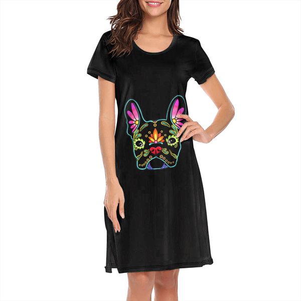 

ночные рубашки для женщин французского кокер сахарные черепа собаки на +2018 личности дизайн юмористические короткий рукав nightdress hygge, Black;red